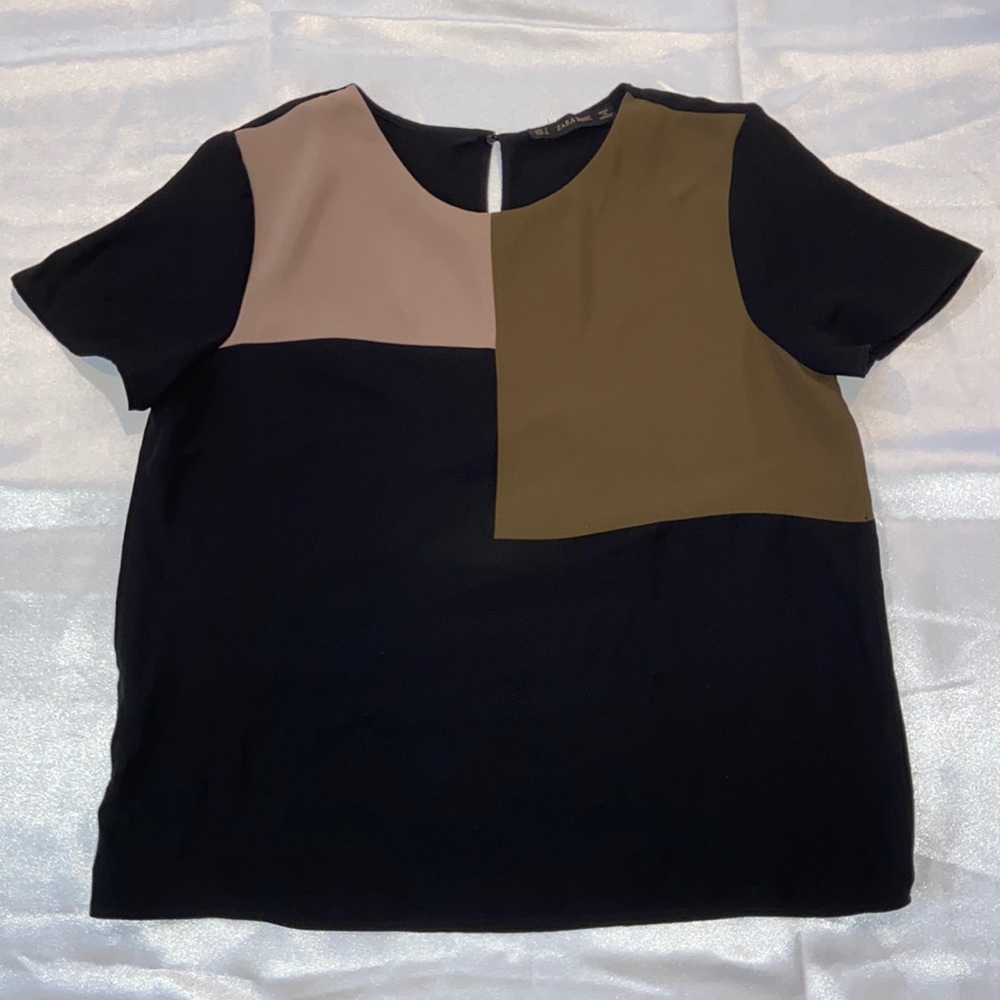 Zara Colorblock Blouse - Black, Tan, Olive
